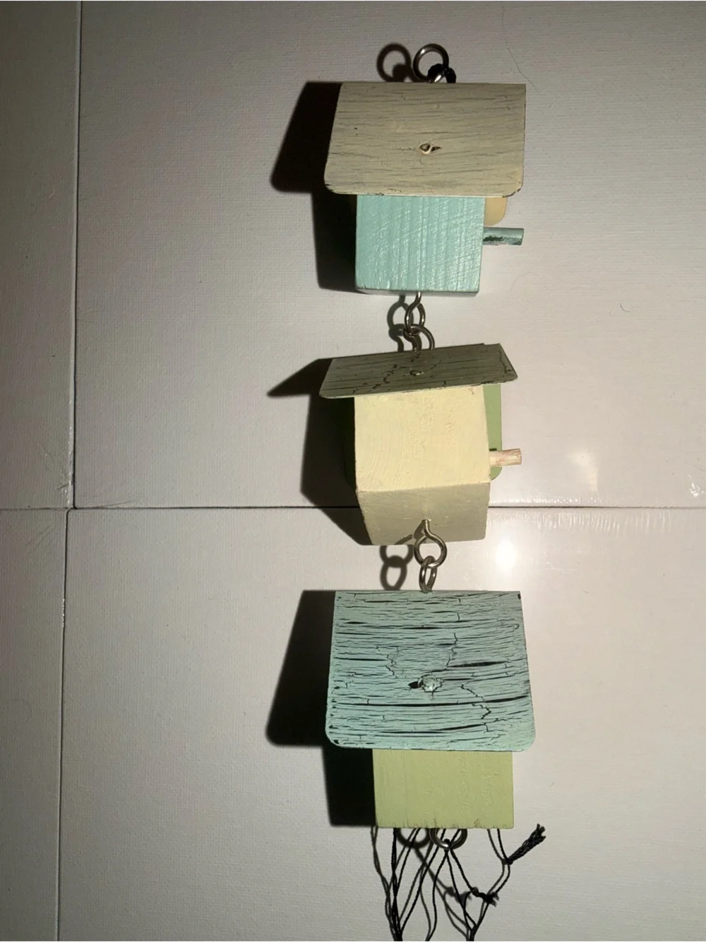 Trio of Rustic Pastel Birdhouse Wind Chimes.  Multi Colored Green/Blue/Yellow